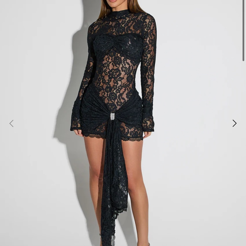 Black bodycon mini dress with long sleeves and mock neck for cocktail